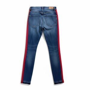 Express Ankle Legging High Rise Jeans Red Side Stripe Stretch Denim Raw Hem 00R